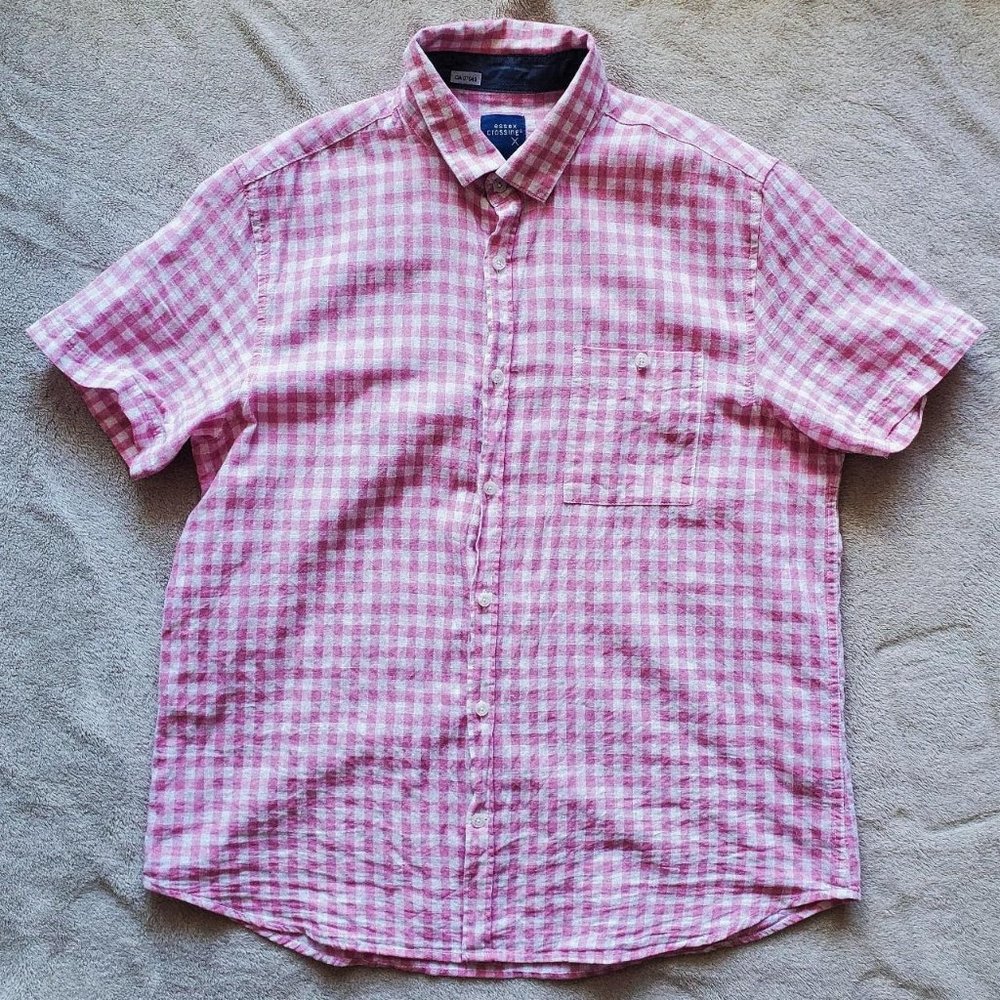 Essex Crossing gingham pastel pink flannel button-up tshirt
